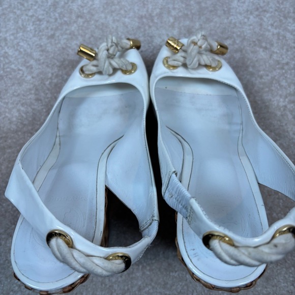 Tory Burch White Patent Leather Rope Detail Wedge Peep Toe Size 8.5 - Picture 10 of 12